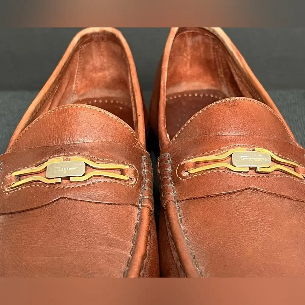 Salvatore Ferragamo Silver Gold Gancini Bit loafers 8.5 D Soft Brown Leather